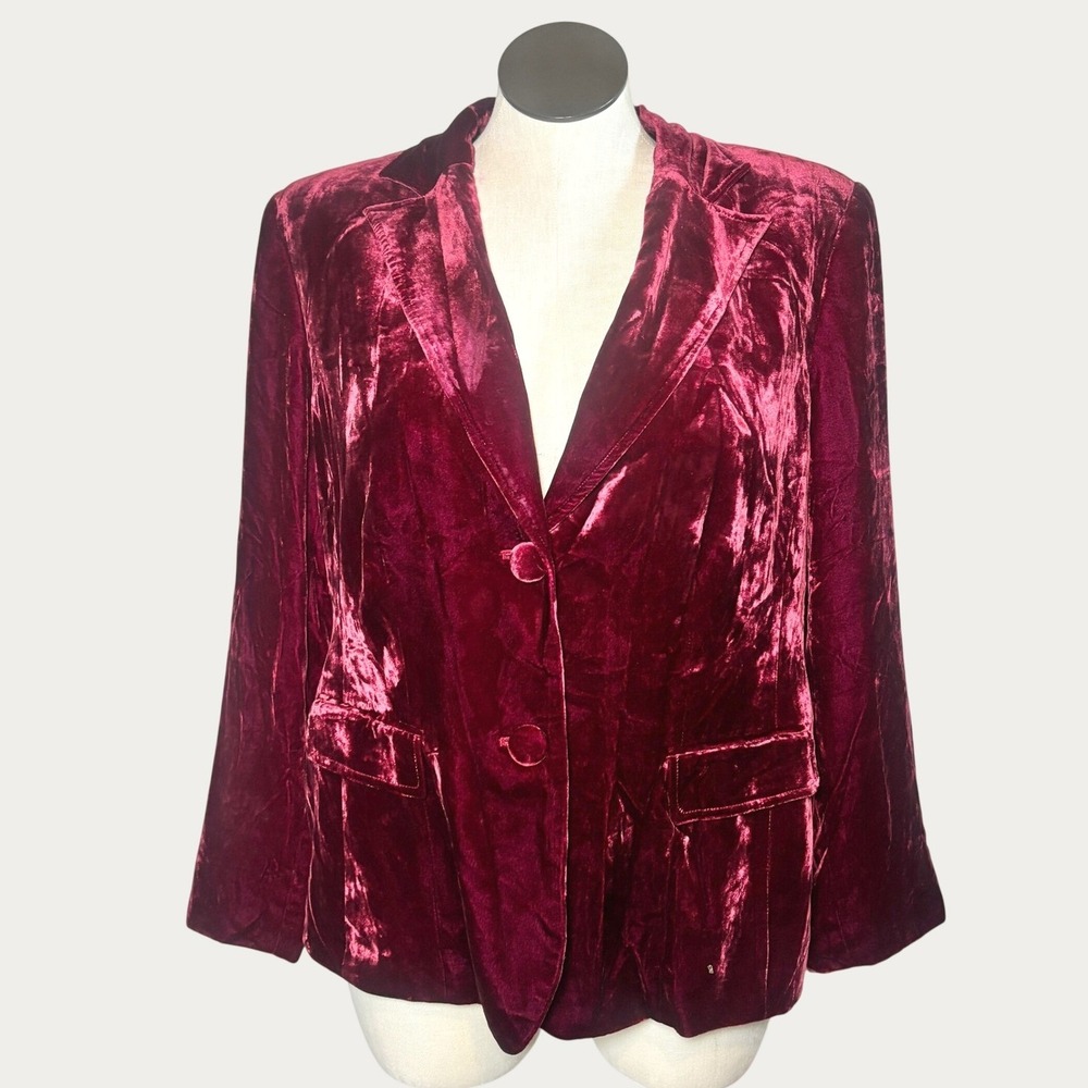 Womens Burgundy Blazer 16W Silk Blend Crushed Velvet Two-Button Whimsigoth Glam